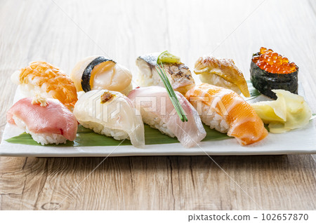 Nigiri sushi served on a plate Nigiri sushi served on a plate 102657870