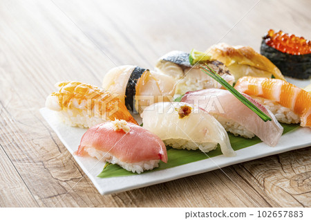 Nigiri sushi served on a plate Nigiri sushi served on a plate 102657883