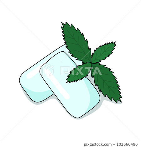 Mint flavor gum pads with fresh mint leaves, doodle style flat vector illustration for coloring book Mint flavor gum pads with fresh mint leaves, doodle style flat vector illustration for coloring book 102660480