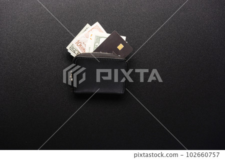 Wallet with money. Various banknotes in the wallet. Money and credit card. Wallet with money. Various banknotes in the wallet. Money and credit card. 102660757
