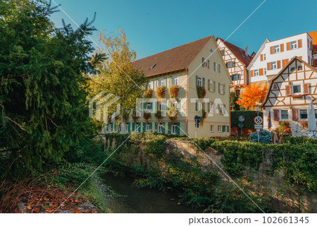 Old national German town house in Bietigheim-Bissingen, Baden-Wuerttemberg, Germany, Europe. Old Town is full of colorful and well preserved buildings. Old national German town house in Bietigheim-Bissingen, Baden-Wuerttemberg, Germany, Europe. Old Town is full of colorful and well preserved buildings. 102661345