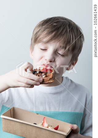 A blond-haired boy is eating a chocolate Belgian waffle. Portrait, close-up. 102661439