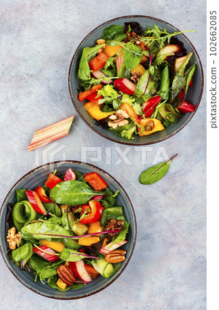 Useful salad with rhubarb, greenss and nuts. Useful salad with rhubarb, greenss and nuts. 102662085