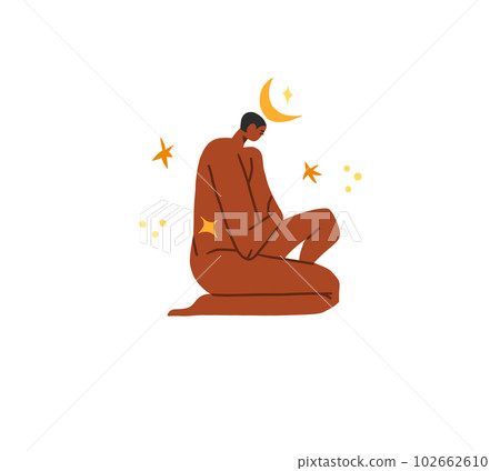 Hand drawn vector abstract modern cartoon illustration of young boho male character with abstract moon and stars in simple style.Modern man design concept.Astrology abstract people character isolated. 102662610