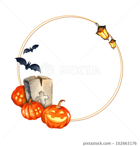 watercolour round frame of halloween theme with headstone, pumpkin, bat and lamps, hand drawn illustration for event, orange color isolated on white background 102663176