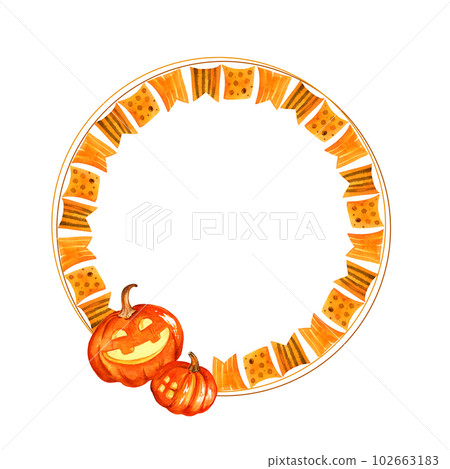 watercolour round wreath with different flags and pumpkin, hand drawn illustration of halloween theme, orange color isolated on white background 102663183