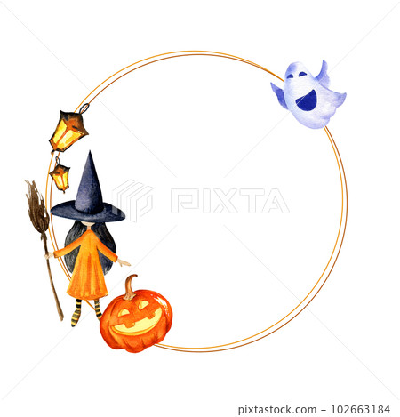 watercolour round frame of halloween theme with witch, pumpkin, ghost and lamps, hand drawn illustration for event, orange color isolated on white background watercolour round frame of halloween theme with witch, pumpkin, ghost and lamps, hand drawn illustration for event, orange color isolated on white background 102663184