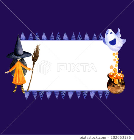 watercolor frame of halloween theme with witch, ghost, pot of potion, orange bubbles and purple, violet flags, hand darwn illustration on dark background watercolor frame of halloween theme with witch, ghost, pot of potion, orange bubbles and purple, violet flags, hand darwn illustration on dark background 102663186