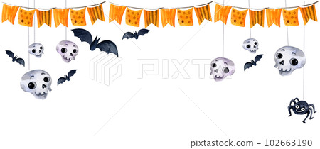 watercolor background of halloween theme with bats, funny scull, orange flags, hand drawn sketch, halloween illustration on white background watercolor background of halloween theme with bats, funny scull, orange flags, hand drawn sketch, halloween illustration on white background 102663190