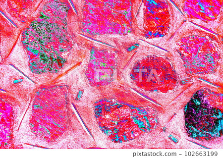 Texture and background of a wall made of rough-hewn stones. Image with changed colors. Texture and background of a wall made of rough-hewn stones. Image with changed colors. 102663199