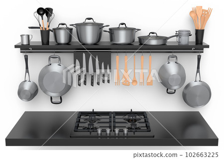 Set of kitchen utensil, stewpot, frying pan and chrome cookware hanging on shelf 102663225