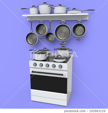 Set of kitchen utensil, stewpot, frying pan and chrome cookware hanging on shelf 102663226