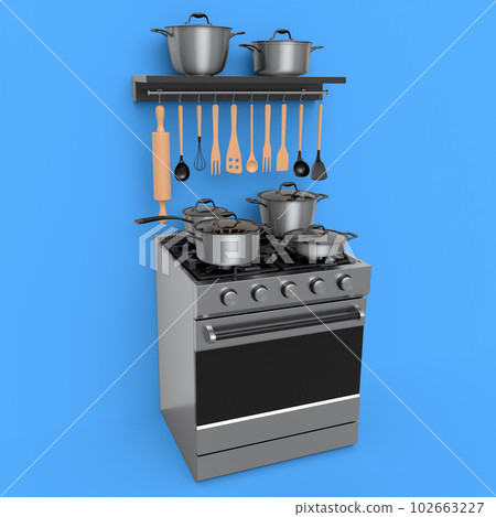 Set of kitchen utensil, stewpot, frying pan and chrome cookware hanging on shelf Set of kitchen utensil, stewpot, frying pan and chrome cookware hanging on shelf 102663227