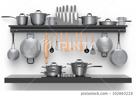 Set of kitchen utensil, stewpot, frying pan and chrome cookware hanging on shelf Set of kitchen utensil, stewpot, frying pan and chrome cookware hanging on shelf 102663228