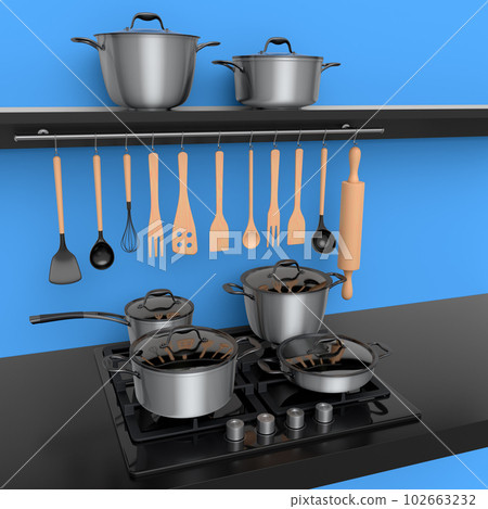 Set of kitchen utensil, stewpot, frying pan and chrome cookware hanging on shelf Set of kitchen utensil, stewpot, frying pan and chrome cookware hanging on shelf 102663232