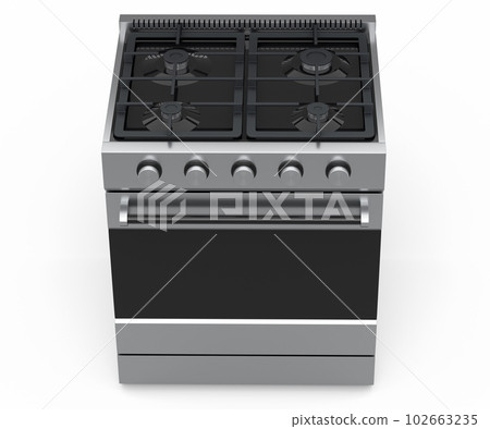Kitchen electric stove or gas cooker with burning flames of propane gas on white 102663235