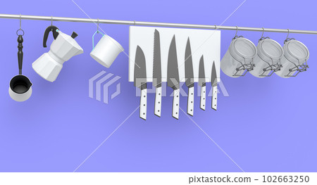 Set of kitchen utensil, stewpot, frying pan and chrome cookware hanging on shelf 102663250