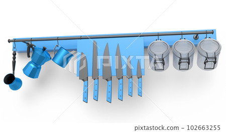 Set of kitchen utensil, stewpot, frying pan and chrome cookware hanging on shelf 102663255