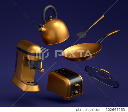 Espresso coffee machine, hand mixer, kettle and toaster on blue background. Espresso coffee machine, hand mixer, kettle and toaster on blue background. 102663263
