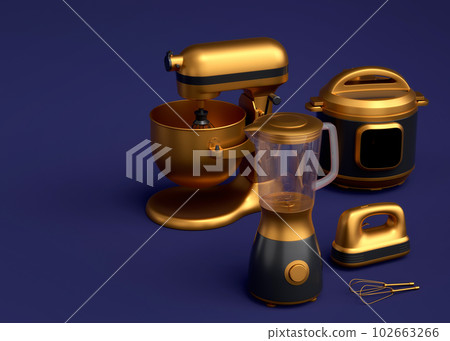 Blender for making healthy smoothie, hand mixer and multi cooker on blue Blender for making healthy smoothie, hand mixer and multi cooker on blue 102663266