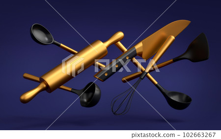 Wooden kitchen utensils, tools and equipment on blue background. 102663267