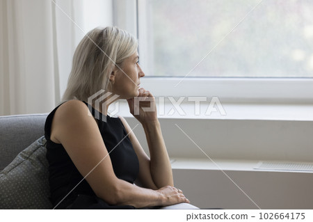 Thoughtful depressed mature woman sitting on couch at home Thoughtful depressed mature woman sitting on couch at home 102664175