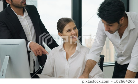 Happy employees working together at high building office 102664206