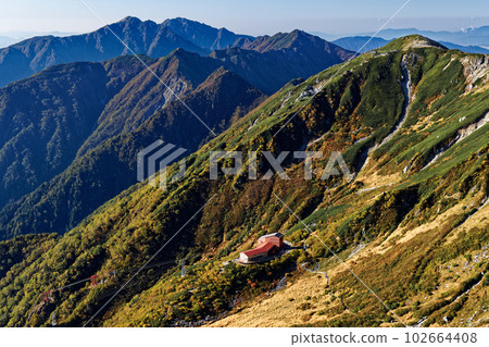 秋天的中央阿爾卑斯山留下千疊敷冰斗和山脊線。 102664408