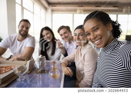 Friends staring at smartphone camera record video, make selfie pictures 102664453