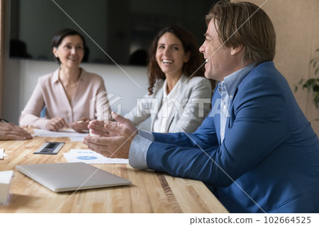 Businessman lead formal meeting with company clients in board room 102664525