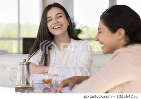 Caucasian and Indian girls enjoy chat drinking tea in cafe 102664716