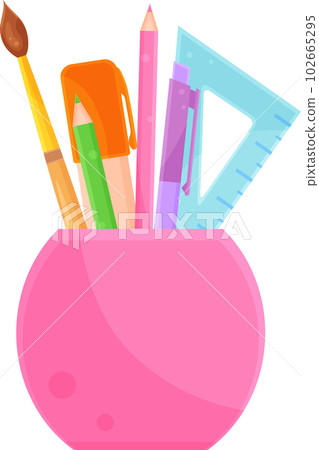 bright vector illustration of stationery in a pink glass, school and office supplies, back to school 102665295