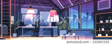 modern loft interior of night open space home office with furniture for corporate or freelance work 102665383
