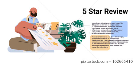 casual man holding review stars rating customer feedback satisfaction level online survey concept 102665410
