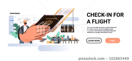man tourist holding passport with boarding pass or flight ticket guy giving documents allowing to travel check-in for a flight man tourist holding passport with boarding pass or flight ticket guy giving documents allowing to travel check-in for a flight 102665449