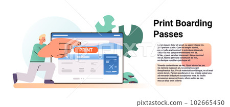 man traveler printing boarding passes or flight ticket guy touching print button on tablet pc screen vacation traveling man traveler printing boarding passes or flight ticket guy touching print button on tablet pc screen vacation traveling 102665450