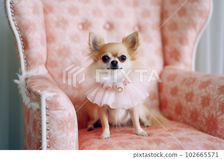 Chihuahua dog sitting on a pink chair 102665571