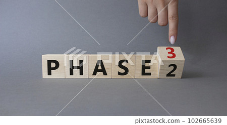 From Phase 2 to 3 symbol. Businessman Hand points at wooden cubes with words Phase 2 and Phase 3. Beautiful grey background. Business and Phase concept. Copy space From Phase 2 to 3 symbol. Businessman Hand points at wooden cubes with words Phase 2 and Phase 3. Beautiful grey background. Business and Phase concept. Copy space 102665639