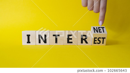 Internet and Interest symbol. Businessman Hand points at wooden cubes with words Interest and Internet. Beautiful yellow background. Business and Internet and Interest. Copy space 102665643