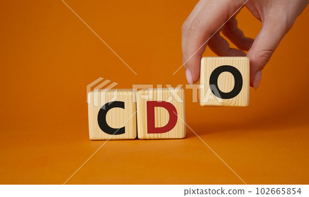 CDO - Collateralized Debt Obligation symbol. Wooden cubes with word CDO. Beautiful orange background. Businessman hand. Business and Collateralized Debt Obligation concept. Copy space. 102665854
