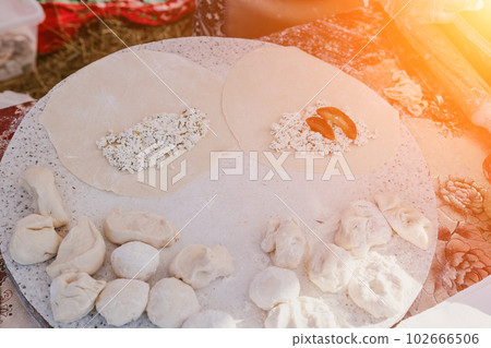 woman's hands making qutab or chebureki with a rolling pin and minced meat onion in dough for culinary concepts related to Azerbaijani, Tatar and Greek cuisine, as well as empanadas in Latin America. 102666506