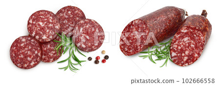 Smoked sausage salami slices isolated on white background with full depth of field. Top view. Flat lay Smoked sausage salami slices isolated on white background with full depth of field. Top view. Flat lay 102666558