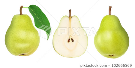 Green pear fruit with half isolated on white background with full depth of field 102666569