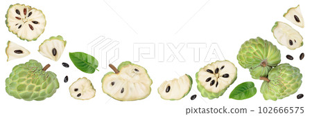 Sugar apple or custard apple isolated on white background. Exotic tropical Thai annona or cherimoya fruit. Top view. Flat lay 102666575
