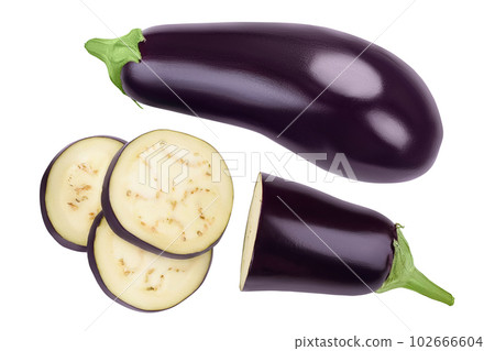 Eggplant or aubergine with slices isolated on white background. Full depth of field. top, view, flat lay Eggplant or aubergine with slices isolated on white background. Full depth of field. top, view, flat lay 102666604