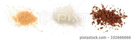 brown white and muscovado sugar isolated on white background. Top view. Flat lay 102666666