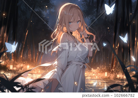 A beautiful girl and a shining butterfly forest 102666782