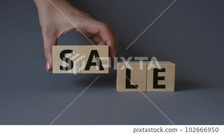 Sale symbol. Concept word Sale on wooden cubes. Businessman hand. Beautiful grey background. Business and Sale concept. Copy space. Sale symbol. Concept word Sale on wooden cubes. Businessman hand. Beautiful grey background. Business and Sale concept. Copy space. 102666950