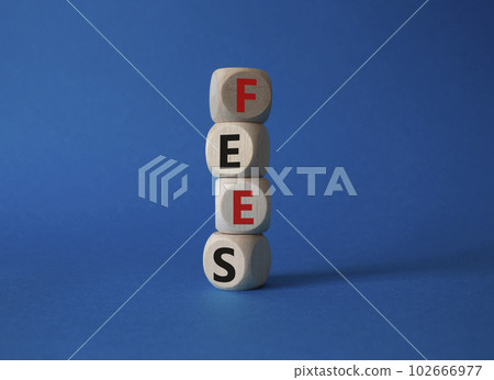 Fees symbol. Concept word Fees on wooden cubes. Beautiful blue background. Business and Fees concept. Copy space. 102666977