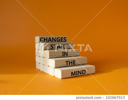 Changes start in the Mind symbol. Wooden blocks with words Changes start in the Mind. Beautiful orange background. Business and Changes start in the Mind concept. Copy space. 102667013